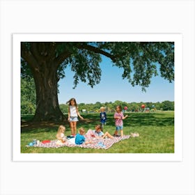 Family Of Four Enjoying A Day At The Park Scattered Picnic Items Children In Mid Laughter Chasing (5) Poster