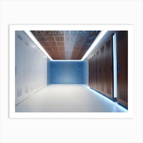 A Server Room With White And Brown Cabinets, A Blue Lit Ceiling, And A Wall Featuring A Starry Night Sky Image Art Print