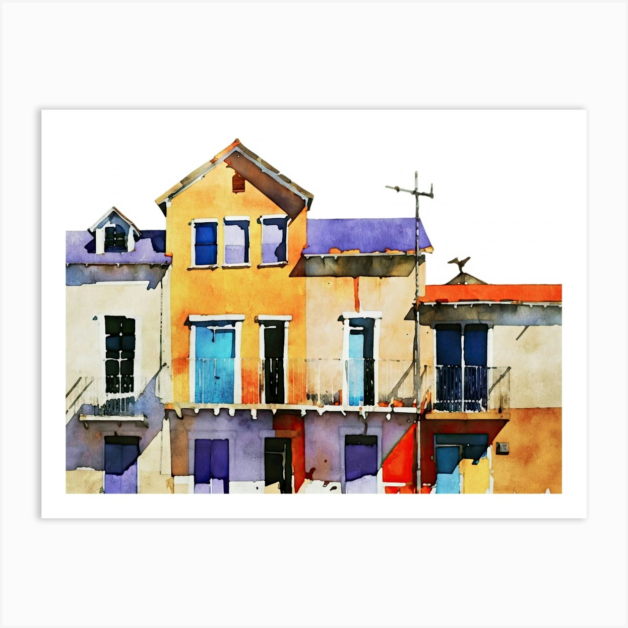 Colorful Buildings Valparaiso Chile Watercolor Art Print by Gallery J9