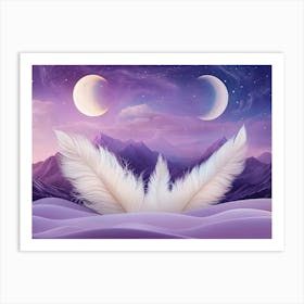 Philosophical 3d Surrealism Art with Soft Lilac Background, Elegant Ivory Feathers, Celestial Ranges and Luminous Art Print