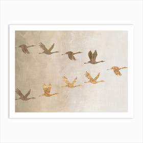 Beige Gold Japanese Flying Birds Artwork Art Print