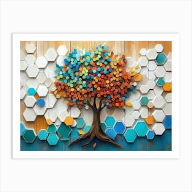 Vibrant With A Whimsical Tree, White Lattice Tiles, And Colorful Hexagons On Oak Wood 2 Art Print