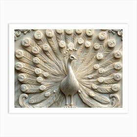 A Majestic Peacock Displaying 3d Carved in Marble Art Print