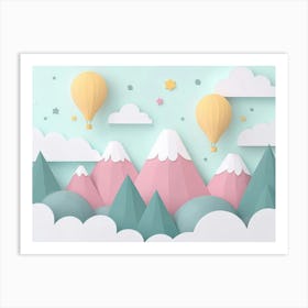 3d Mountains, Clouds, Stars and Balloons Art Print