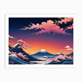 Japanese Mountain Landscape With Cherry Blossoms Art Print