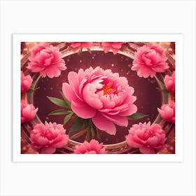 Pink Flower Framed By Pink Peonies And Surrounded By A Golden, Geometric Frame And Soft Light Art Print