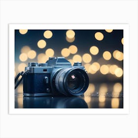 A Still Life Image Of A Vintage Camera With A Black Strap On A Table With A Blurred Background Of Golden Bokeh Lights Art Print