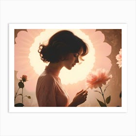 Profile Silhouette Of A Woman In A Vintage Dress Holding A Peony Against A Floral Background With A Glowing Center Art Print