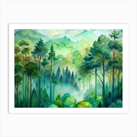 Watercolor Painting Of A Misty Green Forest Art Print