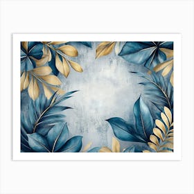 Blue Vintage Tropical Leaves in Seamless Border Design Art Print