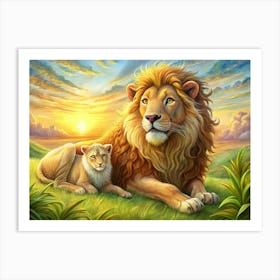 Lion And Lion Cub At Sunset Art Print