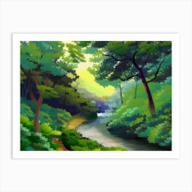 Landscape Illustration Nature Forest River Water Reflexes Shadows Plants Vegetation Trees Light Morning Art Print