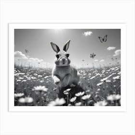 A Rabbit Running Through A Field Of Flowers Art Print