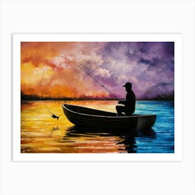 A man fishing silhouette on boat - Acrylic oil painting #2 Art Print