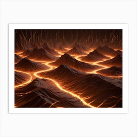 Abstract 3d Landscape Of Glowing Orange Lines Flowing Across A Dark, Mountainous Terrain Art Print