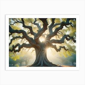 Ancient Oak Tree With Massive Roots Bathed In Warm Sunlight, Symbolizing Strength, Resilience, And The Passage Of Time Art Print