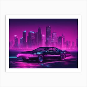 Car in Front of Miam Skyline in Cyberpunk Art Print