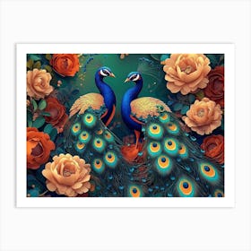 Colorful Floral with Exotic Oriental Pattern Flowers and Peacocks Art Print