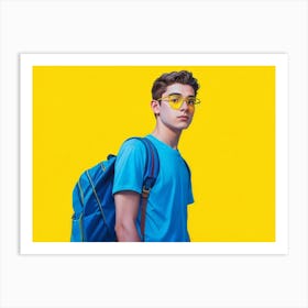 18 Year Old Boy With Transparent Glasses Clad In Light Blue T Shirt Carrying Backpack Standing In Art Print