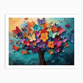 Multicolor Flower With Leaves And Butterflies Above On The Tree 1 Art Print