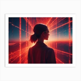 A Young Woman In Glasses Stands Facing A Glowing, Futuristic Portal Filled With Red Digital Code Art Print