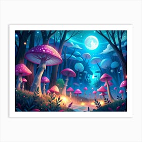 Magical Forest With Glowing Mushrooms And A Full Moon Art Print