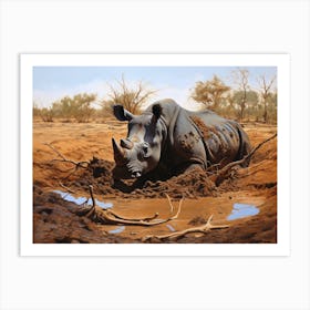 Black Rhinoceros Muddy Wallowing Realism 1 Art Print