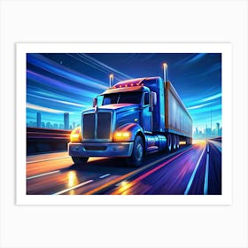 Blue Truck On A City Highway At Night Art Print