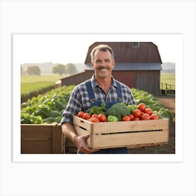 Smiling Farmer Holding A Crate Of Fresh Produce In A Field 4 Art Print