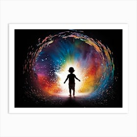 Whimsical Silhouette Of A Child Figure Emerging From A Portal Surrounded By Polychrome Particles An 2 Art Print