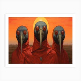 Three Red Hens In Front Of An Orange Sky In The Style 2 Art Print