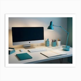 A Minimalist Workspace With A Computer, Lamp, Pencils, Notebooks, And A Mouse On A White Desk Art Print