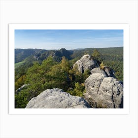 Sandstone rocks and autumn forest in Saxon Switzerland, Gamrig Art Print