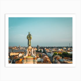 Art Print Church in Milan. Top down view of the Catholic Church and the European old town of Milan, Italy. Roof top. Basilica Sanctuary of Sant'Antonio of Padua. Art Print