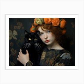 Contemporary Floral Cat And Woman 1 Art Print