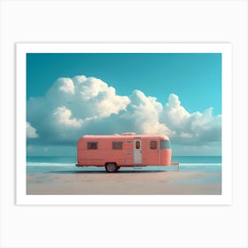 Pink Camper On The Beach Art Print