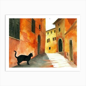 Black Cat In Siena, Italy, Street Art Watercolour Painting 4 Art Print