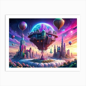 Futuristic Floating City With Hot Air Balloons Art Print