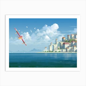 The red bird and coastal city Art Print