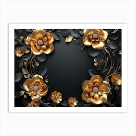 3d Illustration Background With Golden Jewelry And Flowers Art Print