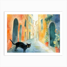 Black Cat In Ancona, Street Art Watercolour Painting 4 Art Print