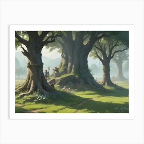 Two Figures Stand Next To A Large, Old Tree In A Peaceful Forest Clearing Art Print