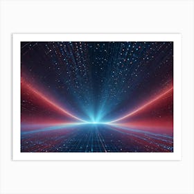 Abstract Digital Artwork Depicting A Futuristic, Star Strewn Digital Landscape Composed Of Blue And Red Lines, Grids, And Light Particles Art Print