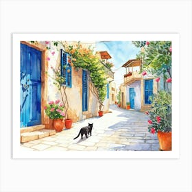 Paphos, Cyprus   Cat In Street Art Watercolour Painting 3 Art Print