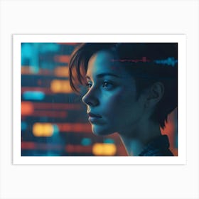 Cyberpunk Style Portrait Of A Woman With Short Hair, Illuminated By Neon Light, With Digital Interface Elements Overlay Art Print