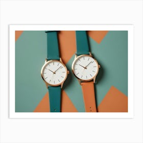 Two Wristwatches With Gold Bands And White Faces, One With A Green Strap And One With An Orange Strap, On A Green And Orange Background Art Print