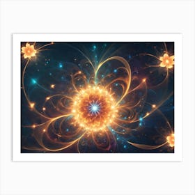 A Glowing, Golden Flower Mandala With Intricate Patterns And Ethereal Tendrils Radiating Outward Against A Dark, Starry Background Art Print