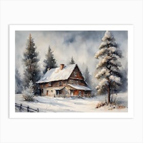 Winter Farmhouse Akvarell 1 Art Print