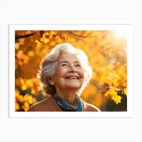 Elderly Woman Radiating Joy Amidst Crisp Autumn Leaves Close Up Orange Yellow Foliage Surrounding (5) Art Print