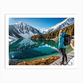 Woman trekking at snowy winter Alps, Rocky Mountains 6 Art Print